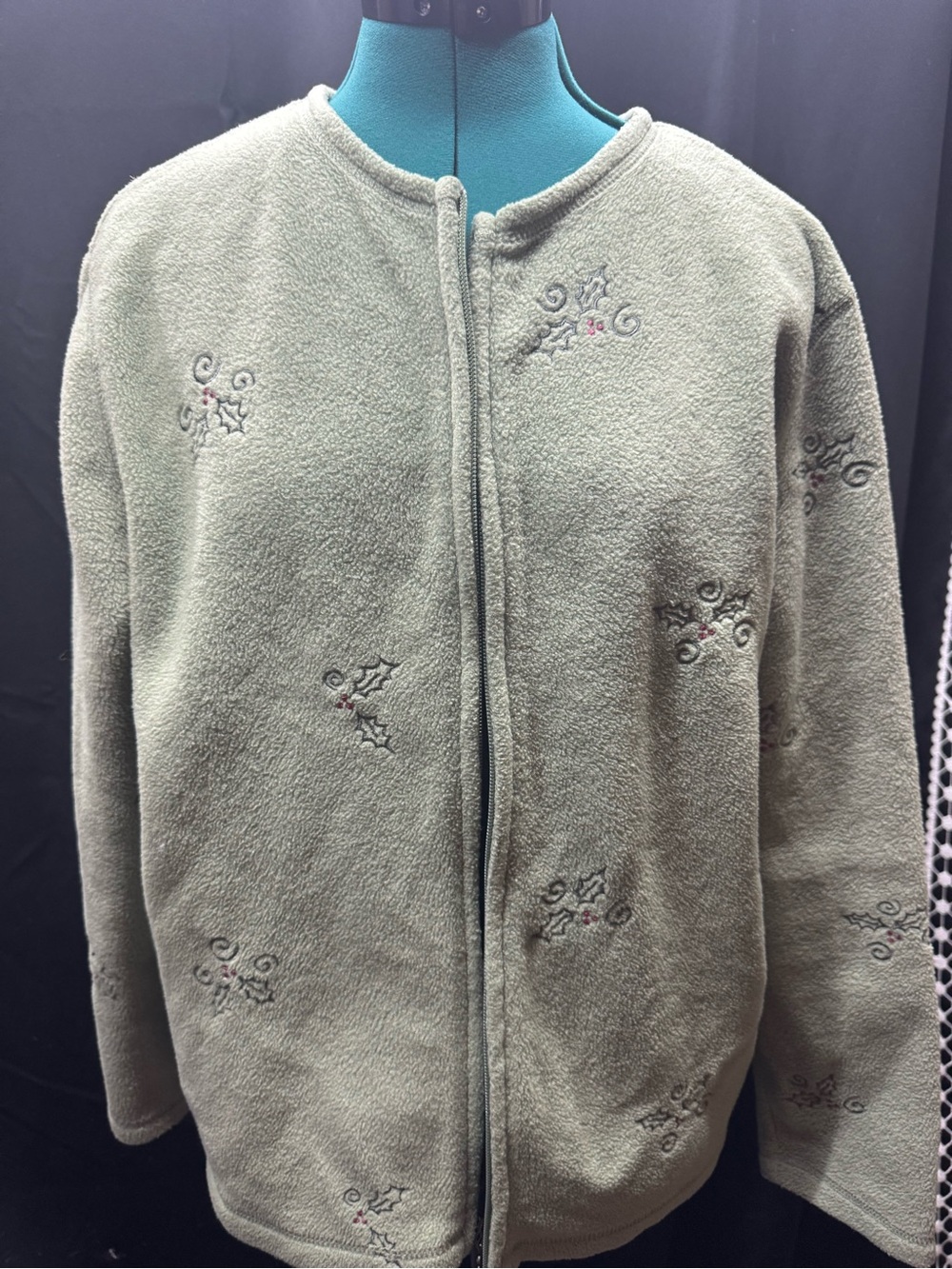 croft & barrow Olive Green Embroidered Fleece Zip Jacket